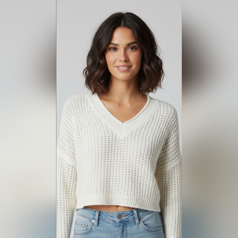 Madewell Loose Cable Knit, Women's Off-White V-neck Cropped Sweater, size small